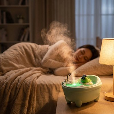Humidificateur d air​ vert posé sur la table jeune femme brune dormant dans son lit