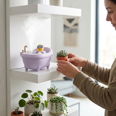Humidificateur d air​ violet posé sur étagère devant une jeune femme