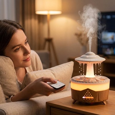 Humidificateur d air​ bois posé sur petit meuble auprès une utilisatrice assise dans canapé