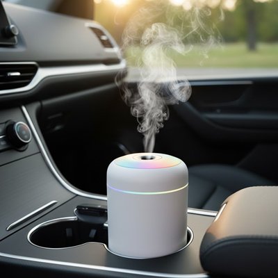 Humidificateur d'air blanc placé dans la voiture entre les deux sièges devant