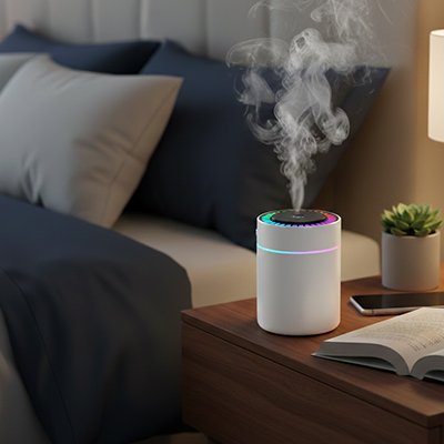 Humidificateur d'air chambre​ blanc posé sur table de chevet couleur bois