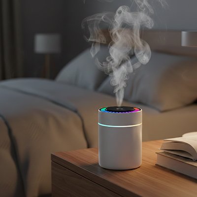 Humidificateur d'air chambre​ blanc posé sur table dans la chambre