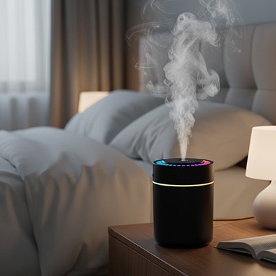 Humidificateur d'air chambre​ noir posé sur table dans la chambre