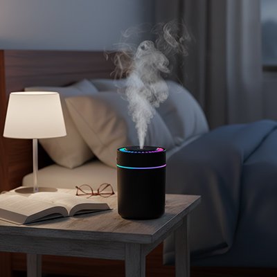 Humidificateur d'air chambre​ noir posé sur table de chevet blanche