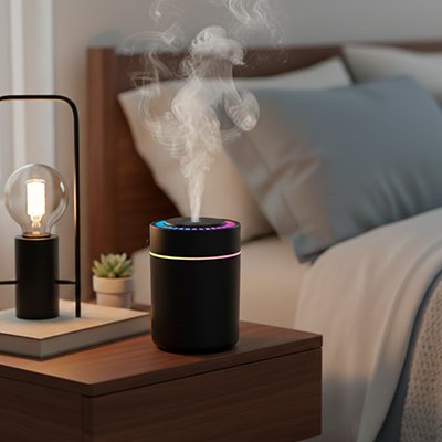 Humidificateur d'air chambre​ noir posé sur table de chevet en bois