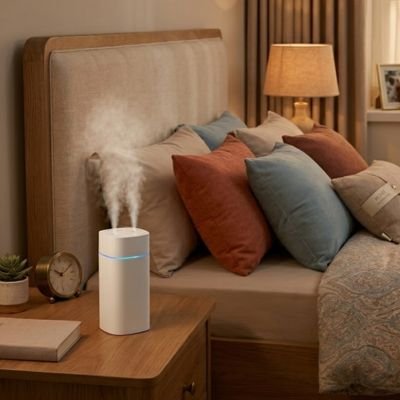 Humidificateur d'air maison blanc posé sur table de chevet