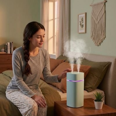 Humidificateur d'air maison bleu placé dans la chambre devant une jeune utilisatrice assise au bord du lit