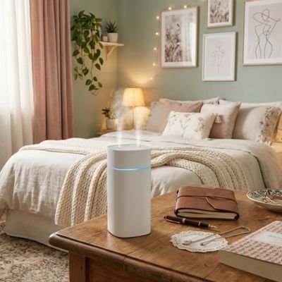 Humidificateur d'air maison posé sur bureau dans la chambre