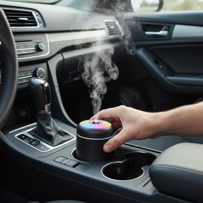 Humidificateur d'air noir placé dans la voiture entre les passagers devant