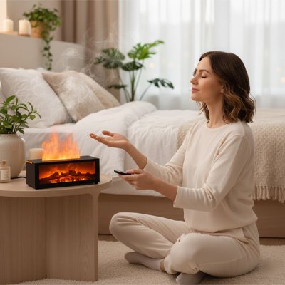 Humidificateur d'air noir posé sur table basse devant une utilisatrice assise