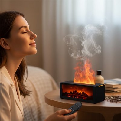 Humidificateur d'air noir posé sur table ronde devant une utilisatrice brune