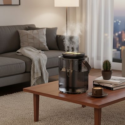 Humidificateur d'air​ posé sur table basse dans salle de séjour