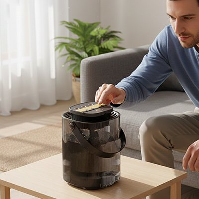 Humidificateur d'air​ posé sur table basse devant un utilisateur