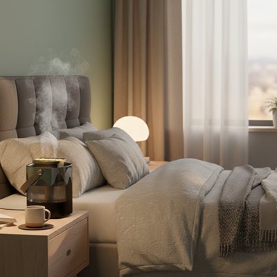 Humidificateur d'air​ posé sur table de chevet