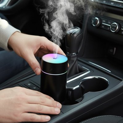 Humidificateur noir placé dans emplacement pour goblet dans voiture
