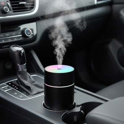 Humidificateur noir posé dans emplacement pour goblet dans voiture