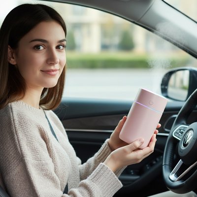 Humidificateur rose  tenu à la main par une conductrice dans la voiture