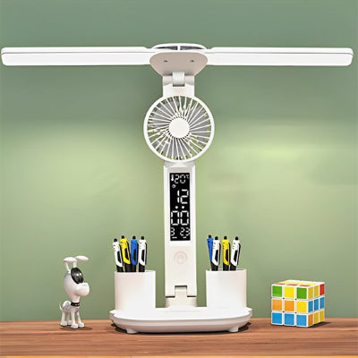 Lampe Bureau avec horloge digital ventilateur allumée posée sur bureau