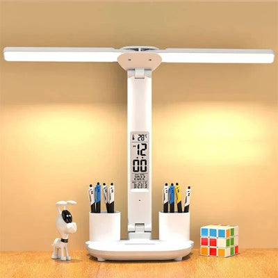 Lampe bureau deux supports deux branches écartées allumées