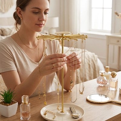 Porte bijoux devant une jeune femme accrochant ses bijoux