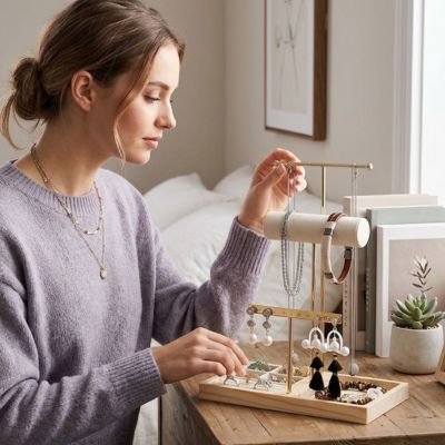 Porte bijoux doré posé sur table devant une jeune femme en train de ranger ses bijoux
