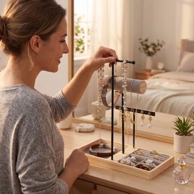 Porte bijoux noir contenant de bijoux en présence une jeune femme 