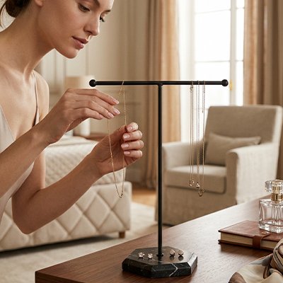 Porte bijoux noir portant des bijoux accrochés par une jeune femme brune