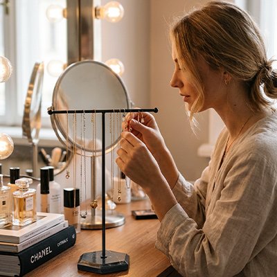 Porte bijoux noir portant des bijoux accrochés par une jeune femme blonde
