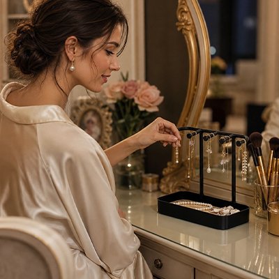 Porte bijoux noir rempli de bijoux par une jeune femme souriante