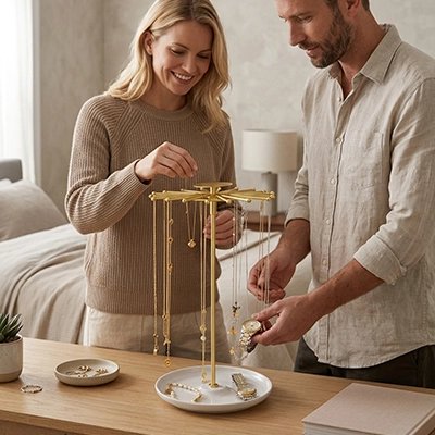 Porte bijoux portant des colliers et bagues devant un jeune couple