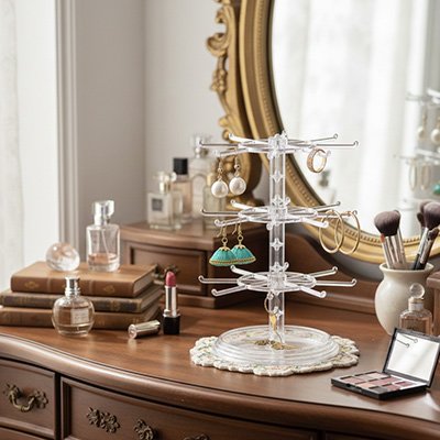 Porte bijoux transparent posé sur la coiffeuse devant le miroir