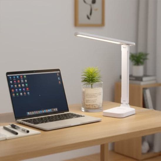 Lampe de bureau  LumiWork posée sur bureau côté ordinateur