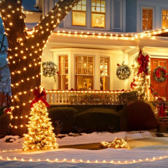 Guirlande solaire  Écomagic allumée lumière chaude décoration façade devant maison