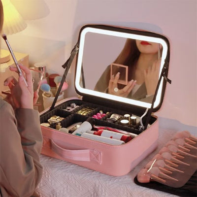 Trousse maquillage - LED miroir - Rangement innovant - Couleur rose - remplie de produits