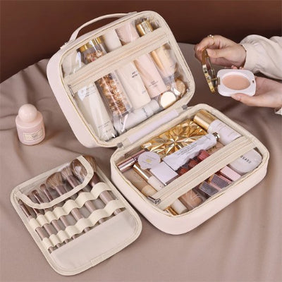 Trousse maquillage - OrganizeBeauty - Rangement innovant - Couleur blanche  - remplie de produits