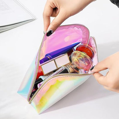 Trousse maquillage - Holographique Iridescente - Rangement innovant - ouverte et remplie de produits