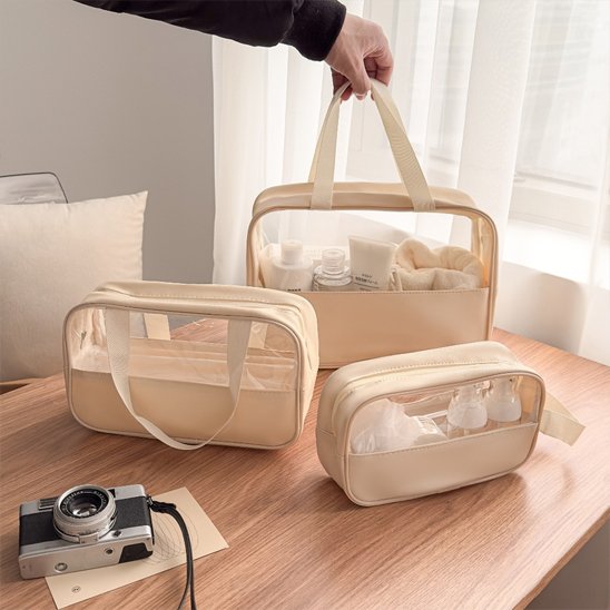 Trousse de toilette - Transparente Voyage - beige - ouverte - Rangement innovant