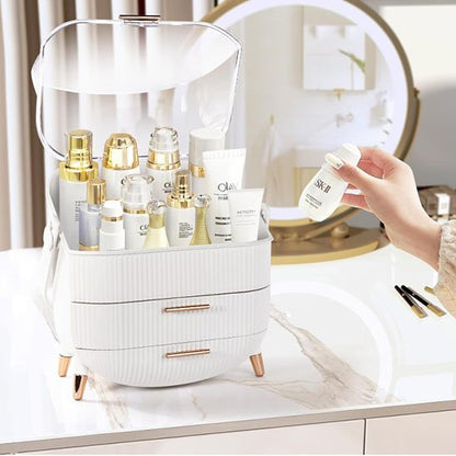 organisateur de maquillage blanc ouvert posé sur maquilleuse rangement innovant