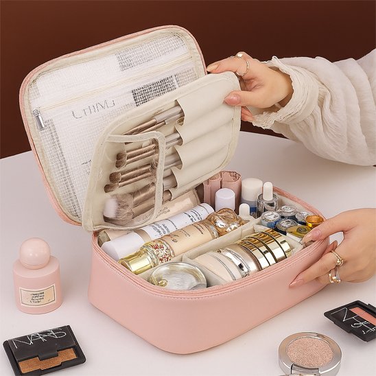 Trousse maquillage - OrganizeChic - Rangement innovant - rose - ouverte - remplie de produits