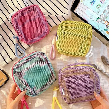 Trousse maquillage - Mesh transparente - Rangement innovant - violet - jaune - rose - vert - toutes fermées