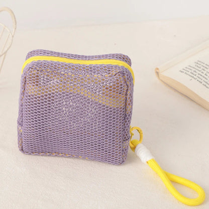Trousse maquillage - Mesh transparente - Rangement innovant - violet avec cordon jaune