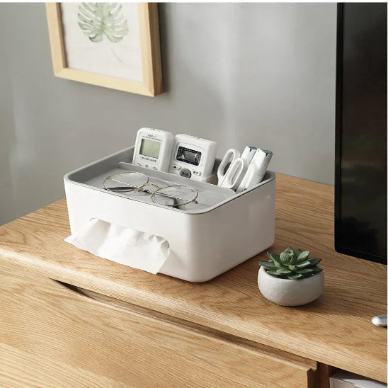 rangement bureau élégant gris posé sur commode bois massif côté pot cactus