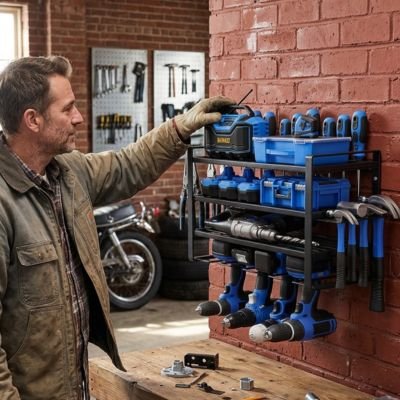 Rangement garage fixé au mur en briques portant outils électroportatifs bleus
