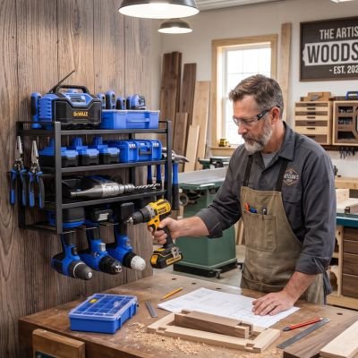 Rangement garage fixé au mur portant outils électroportatifs bleus
