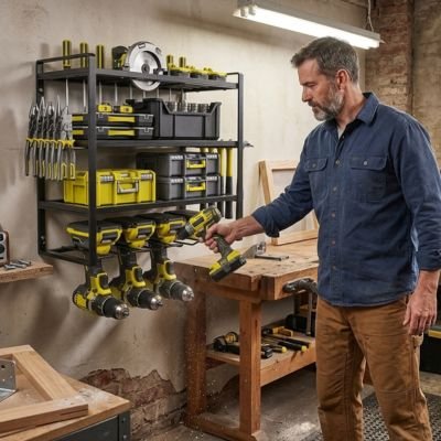 Rangement garage fixé au mur portant outils électroportatifs jaunes
