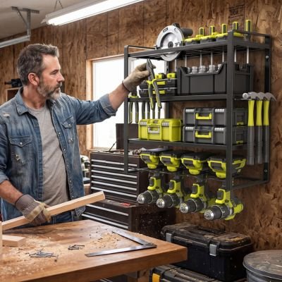 Rangement garage fixé au mur sur support en liège portant outils électroportatifs jaunes