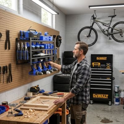 Rangement garage fixé au mur sur support en panneau de bois portant outils électroportatifs bleus