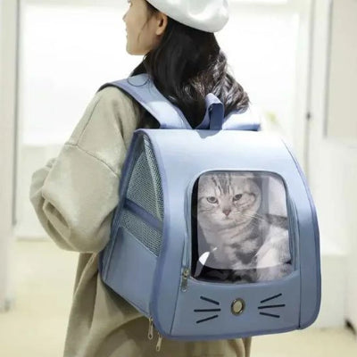 Sac à dos transport Chat bleu porté sur dos par jeune femme