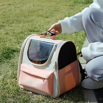 sac a dos chat rose posé sur pelouse côté jeune fille