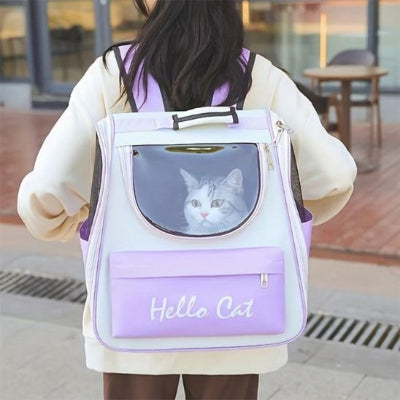 sac a dos chat violet porté sur le dos par jeune fille
